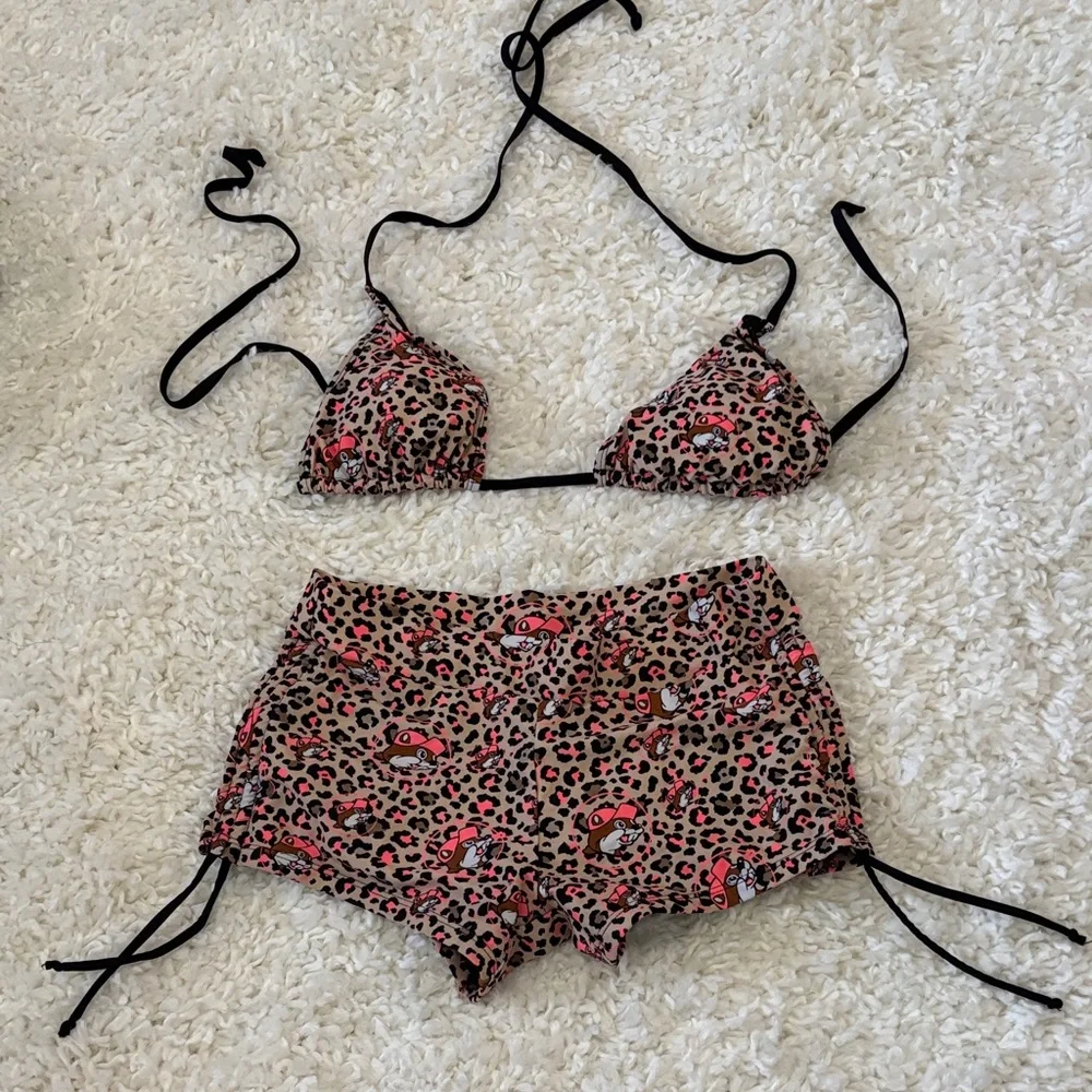 Pink Leopard Print Triangle Bikini Top with Matching Swim Shorts - Picture 1 of 3